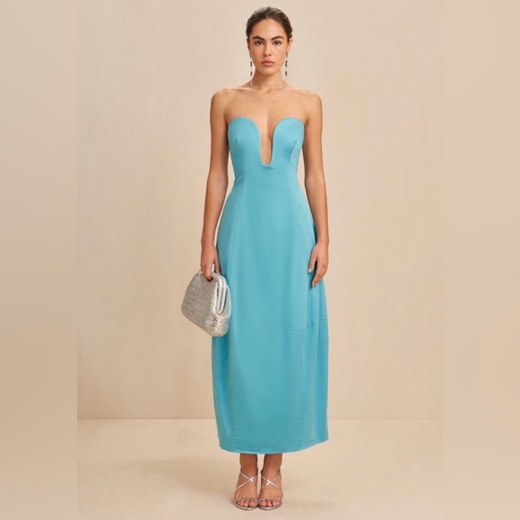 cult gaia Dresses & Skirts - cult gaia Strapless Turquoise Blue Plunge Midi Dress